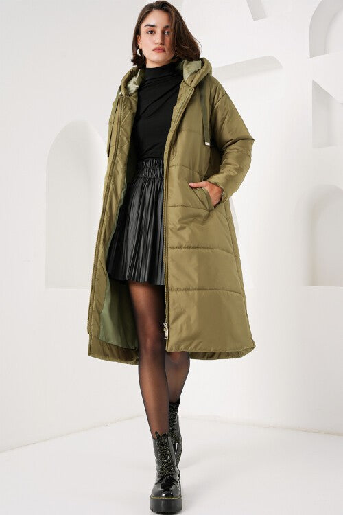Qopqoqli uzun puffer kurtka - xaki 5120