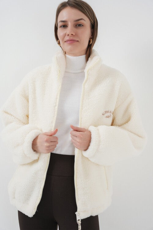 Kadın Oversize Peluş Ceket Mont - Ekru 5212