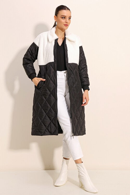 Uzun Oversize Şişme Mont - Beyaz 5185