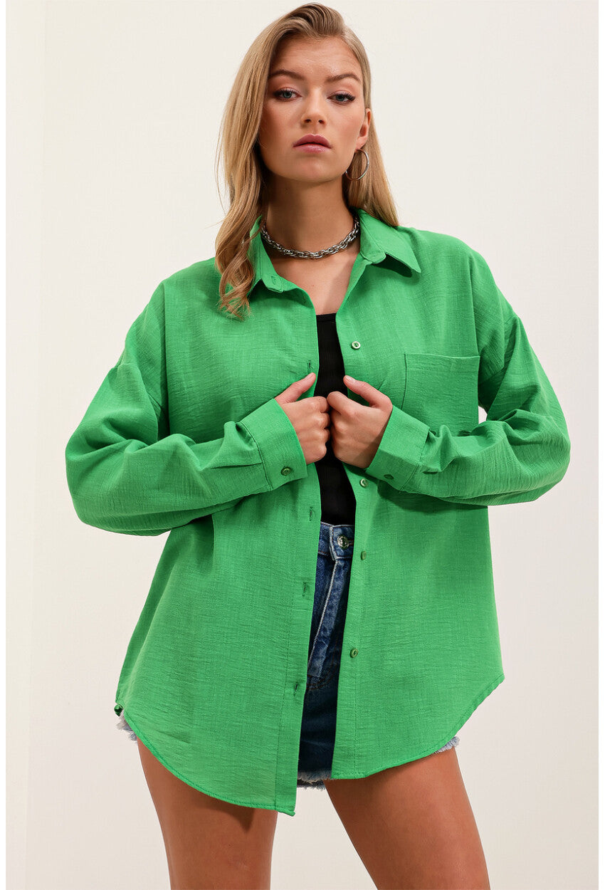 20153 Tek Cepli Oversize Keten Gömlek