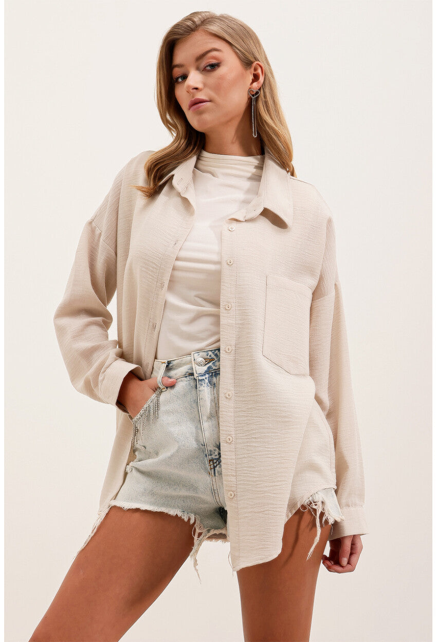 20153 Tek Cepli Oversize Keten Gömlek