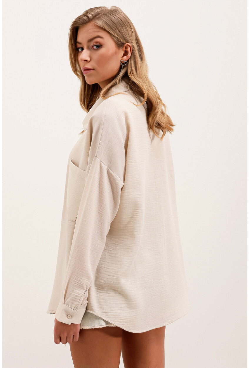 20153 Tek Cepli Oversize Keten Gömlek