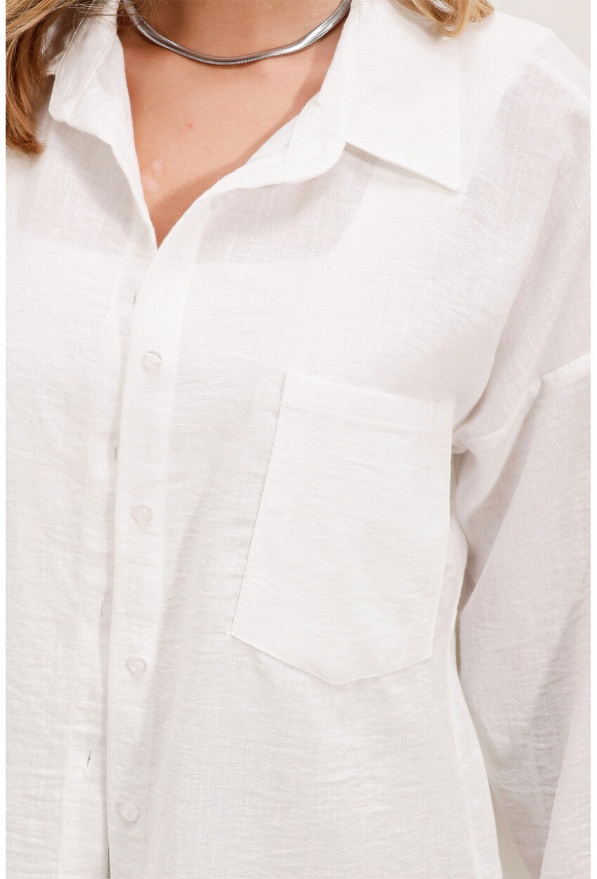 20153 Tek Cepli Oversize Beyaz Keten Gömlek