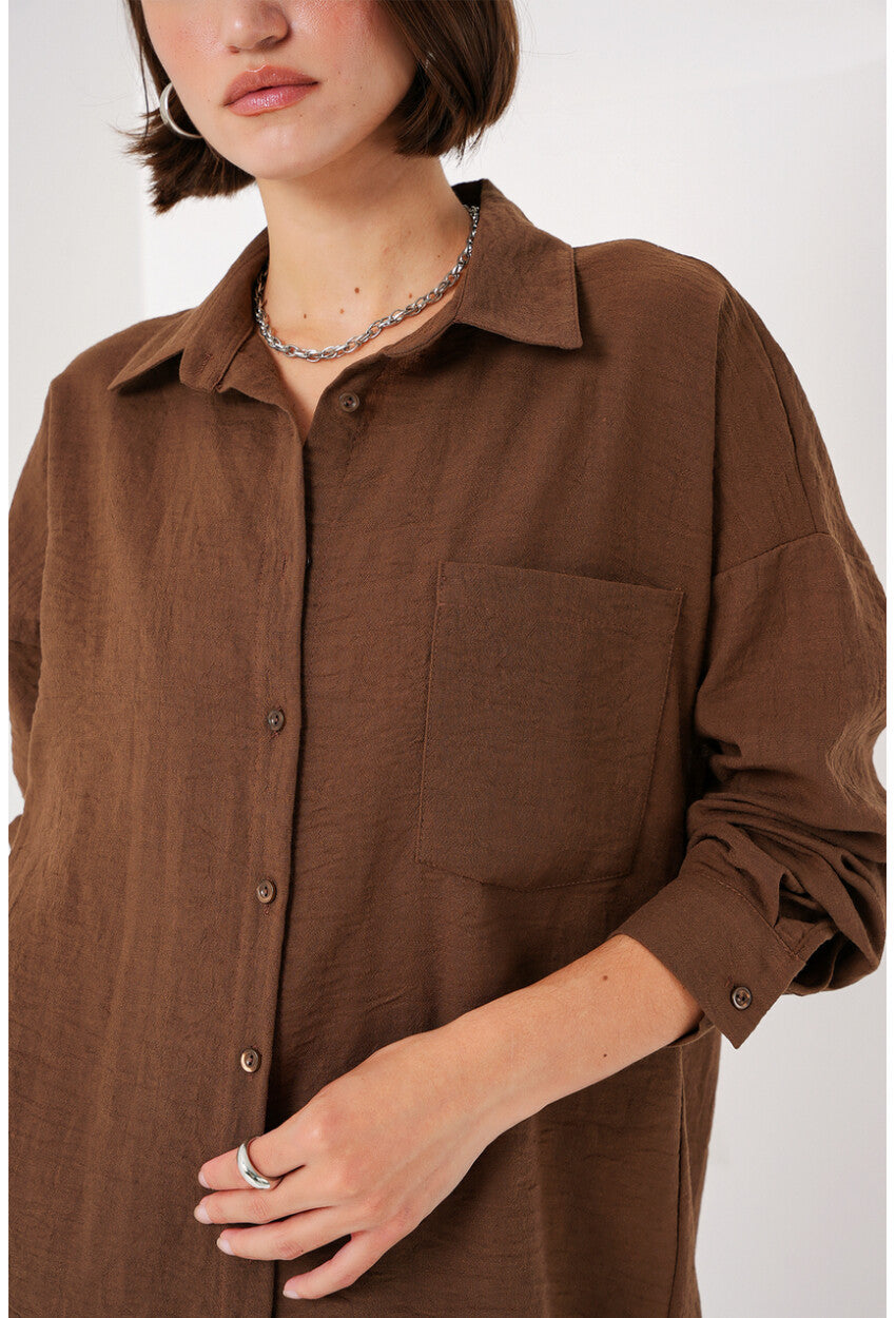 20153 Tek Cepli Oversize Keten Gömlek