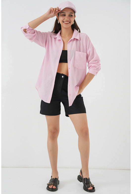 20153 Tek Cepli Oversize Keten Gömlek