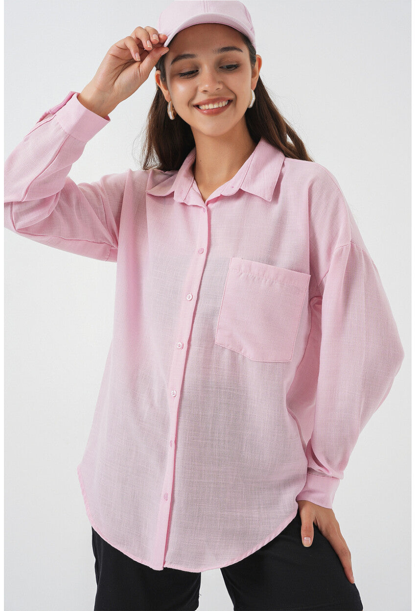20153 Tek Cepli Oversize Keten Gömlek