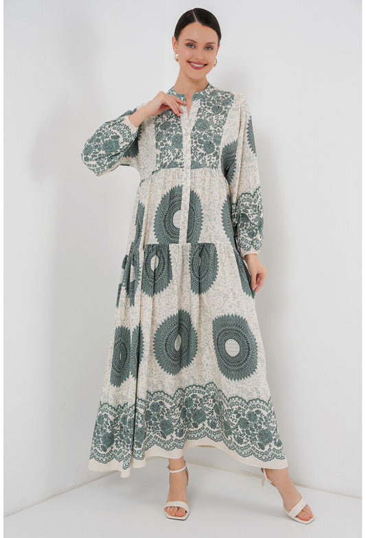 2423 Otantik Desenli Tesettür Elbise