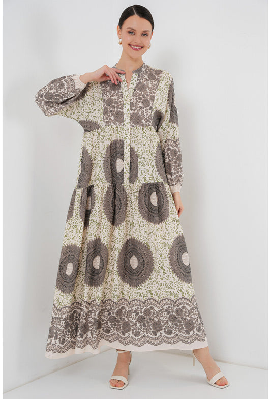 2423 Otantik Desenli Tesettür Elbise