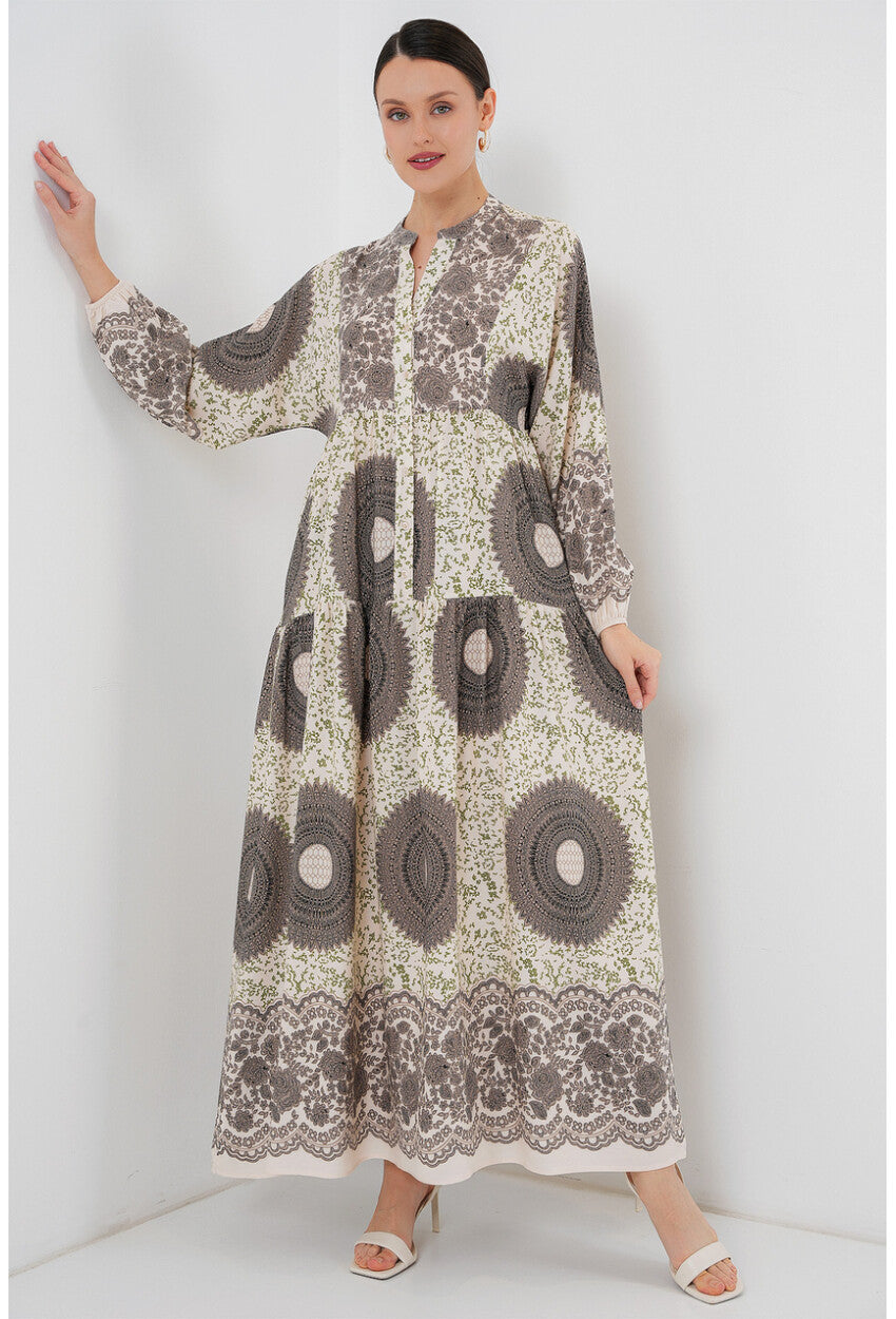 2423 Otantik Desenli Tesettür Elbise