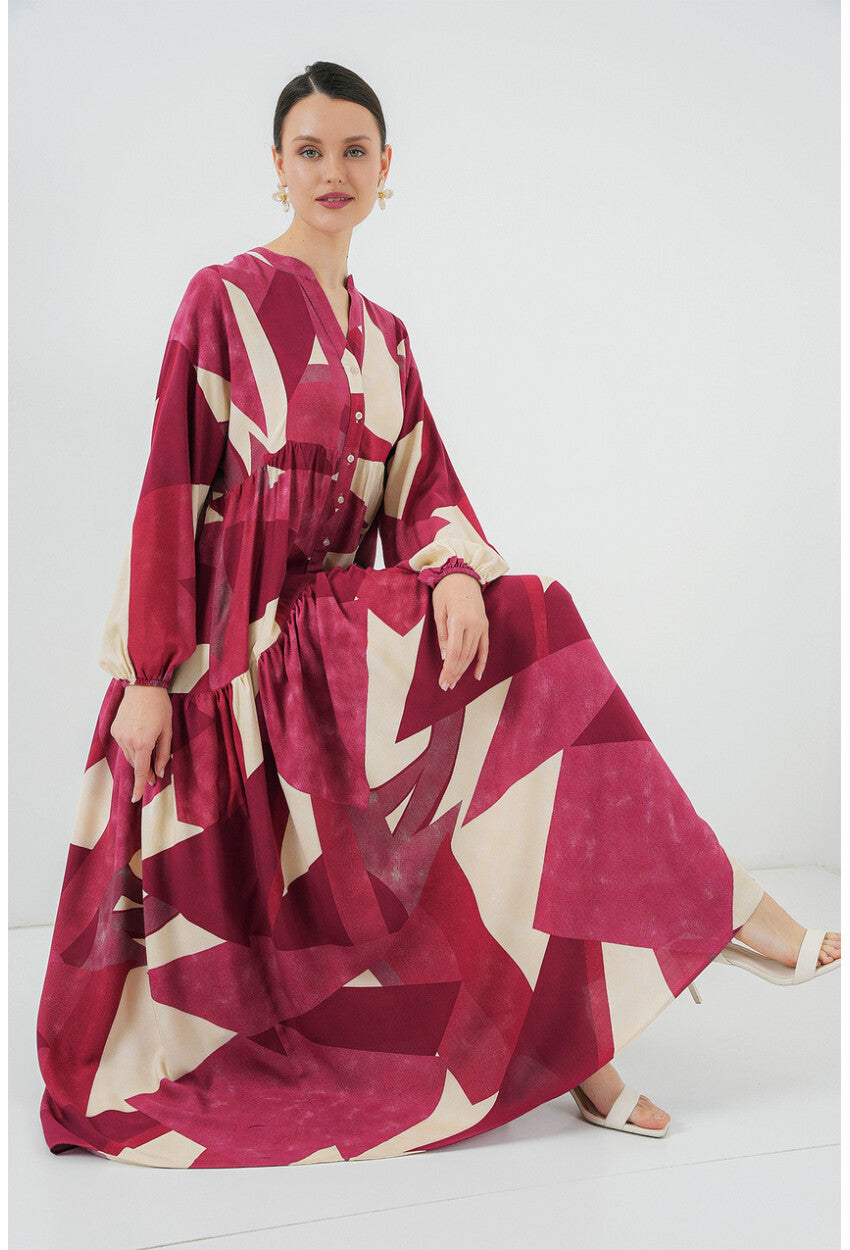 2423 Otantik Desenli Tesettür Elbise