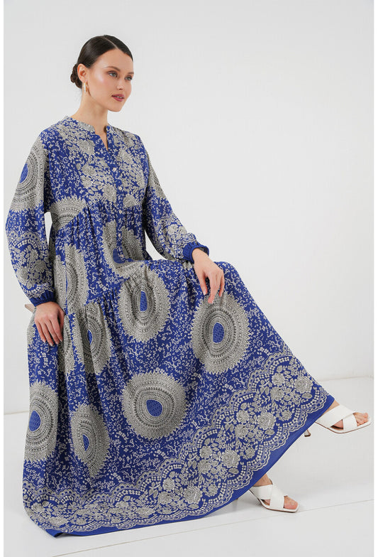 2423 Otantik Desenli Tesettür Elbise