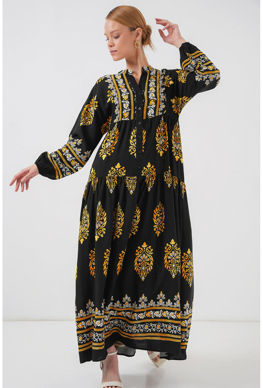 2423 Otantik Desenli Tesettür Elbise