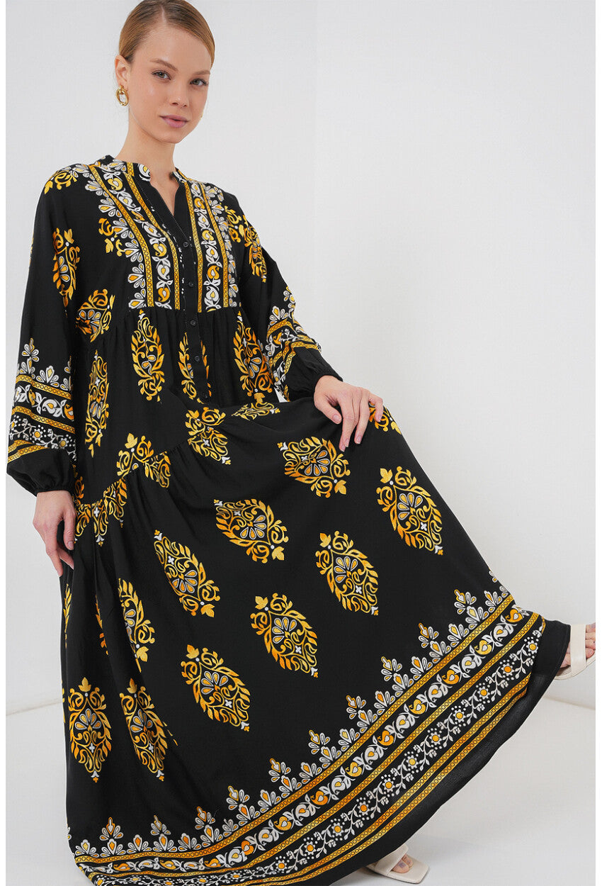 2423 Otantik Desenli Tesettür Elbise