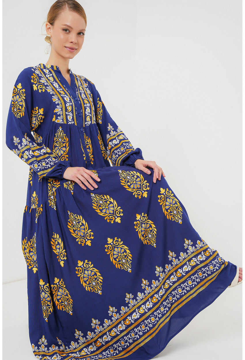 2423 Otantik Desenli Tesettür Elbise