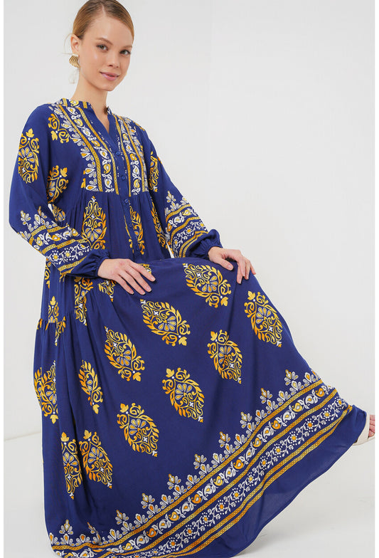 2423 Otantik Desenli Tesettür Elbise