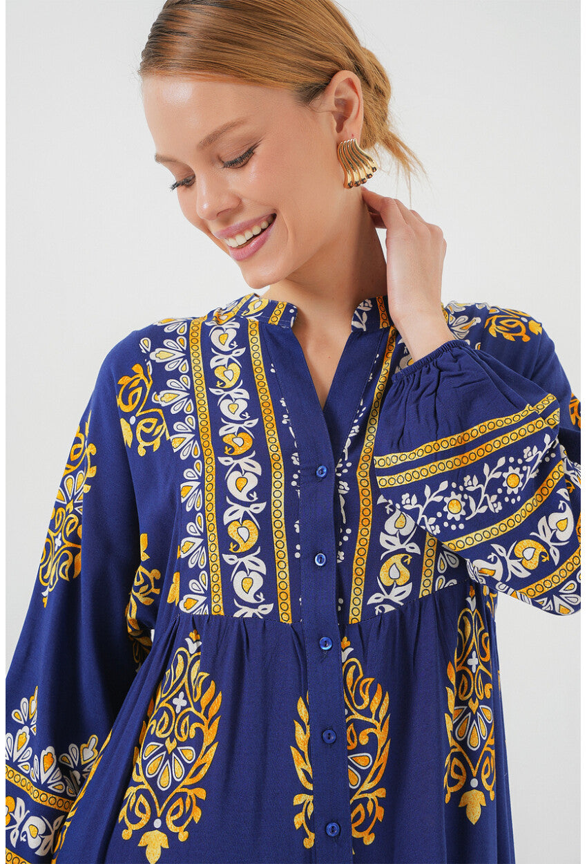 2423 Otantik Desenli Tesettür Elbise