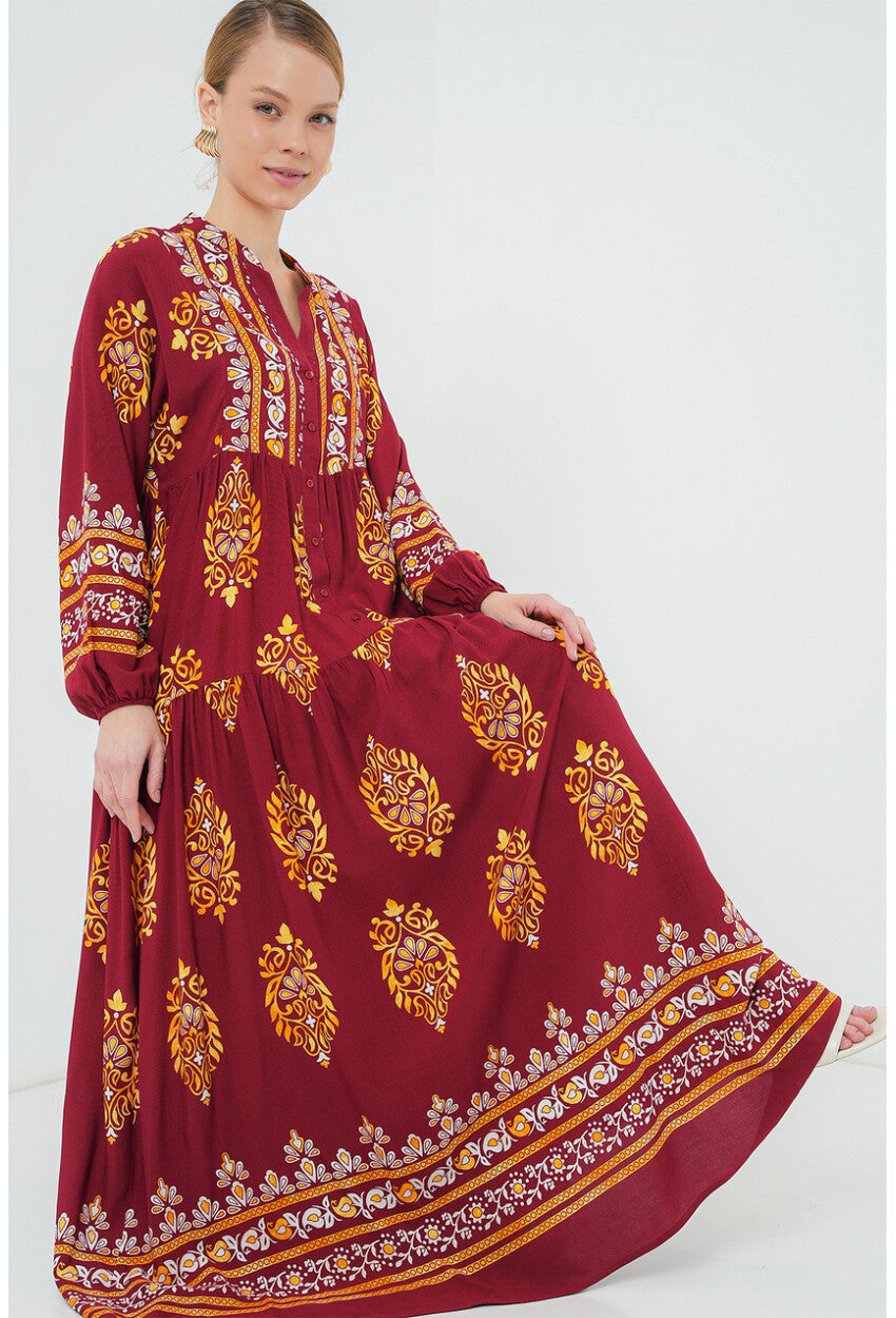 2423 Otantik Desenli Tesettür Elbise