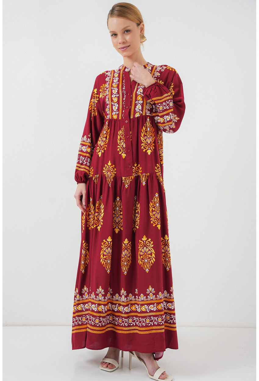 2423 Otantik Desenli Tesettür Elbise