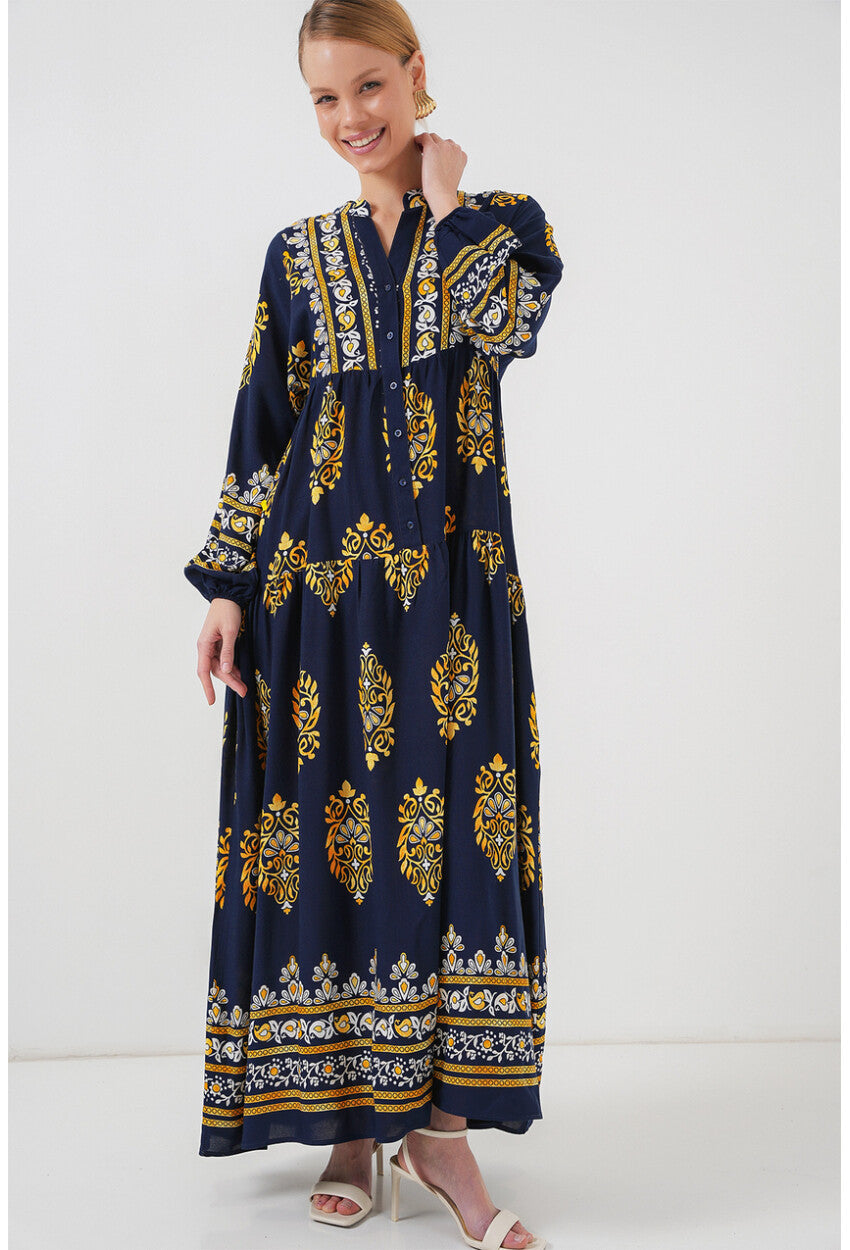 2423 Otantik Desenli Tesettür Elbise