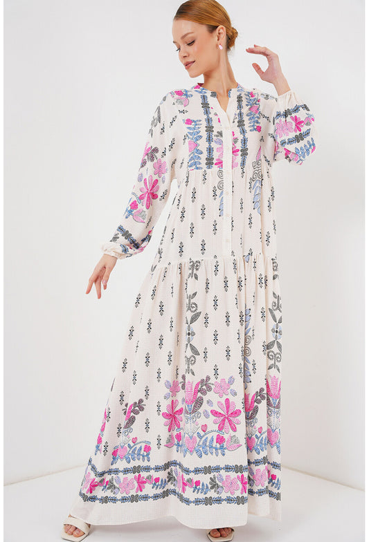 2423 Otantik Desenli Tesettür Elbise