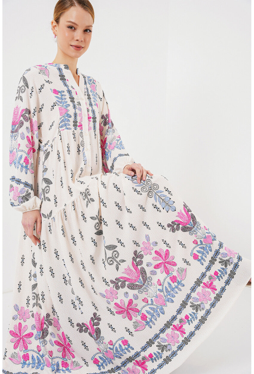 2423 Otantik Desenli Tesettür Elbise