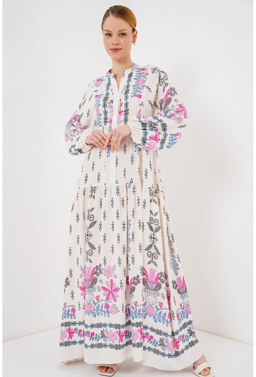 2423 Otantik Desenli Tesettür Elbise