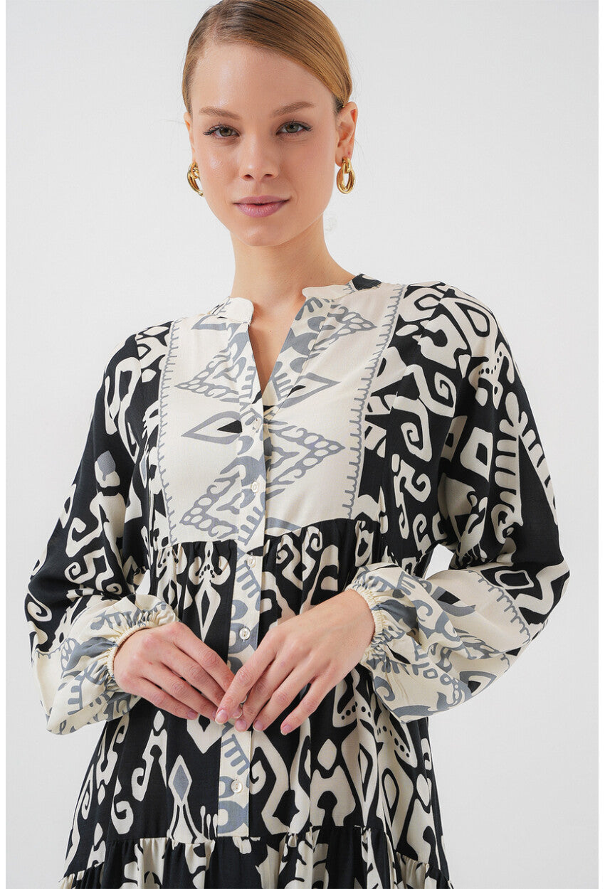 2423 Otantik Desenli Tesettür Elbise