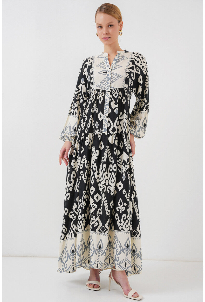 2423 Otantik Desenli Tesettür Elbise