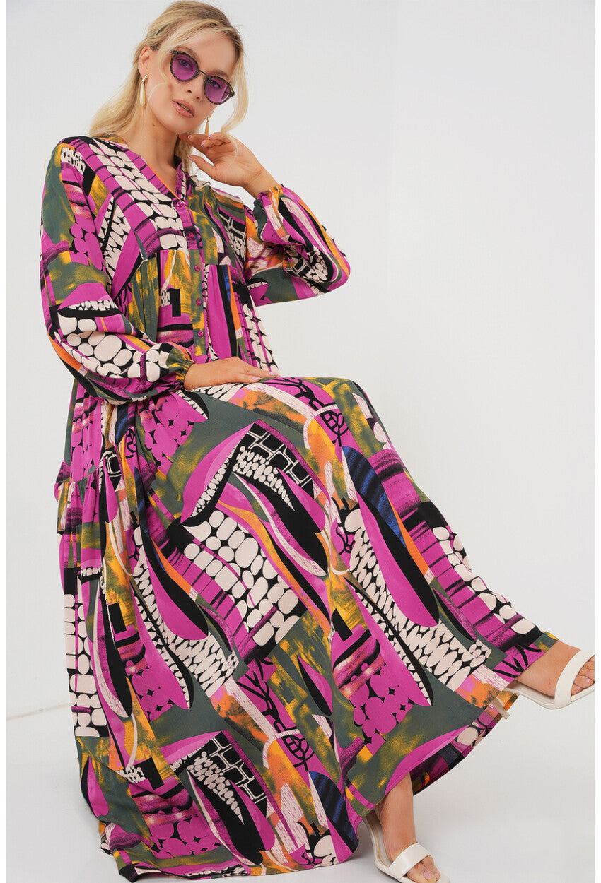 2423 Otantik Desenli Tesettür Elbise