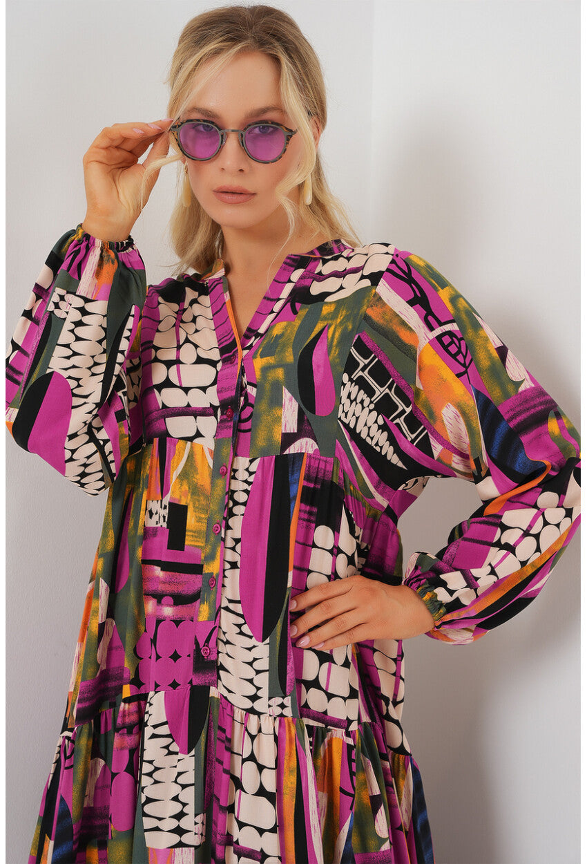 2423 Otantik Desenli Tesettür Elbise