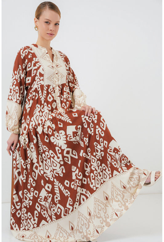 2423 Otantik Desenli Tesettür Elbise