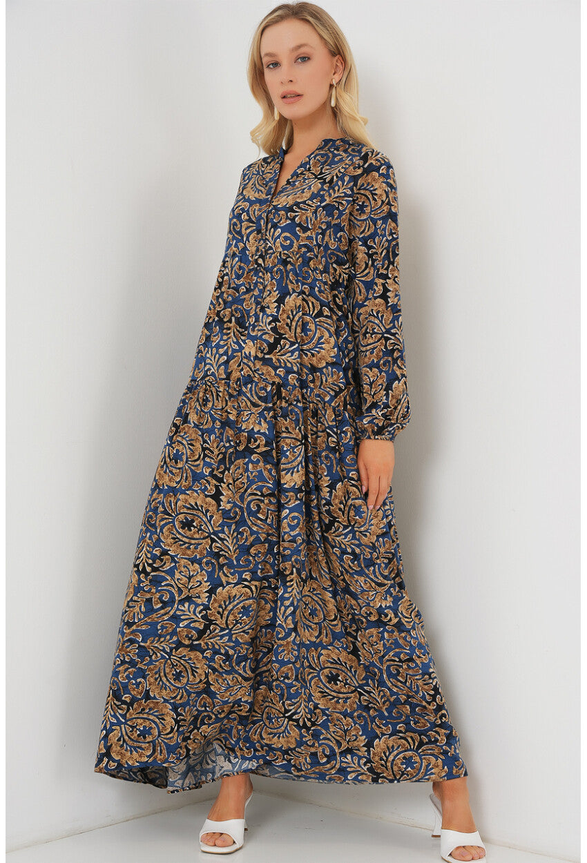 2423 Otantik Desenli Tesettür Elbise