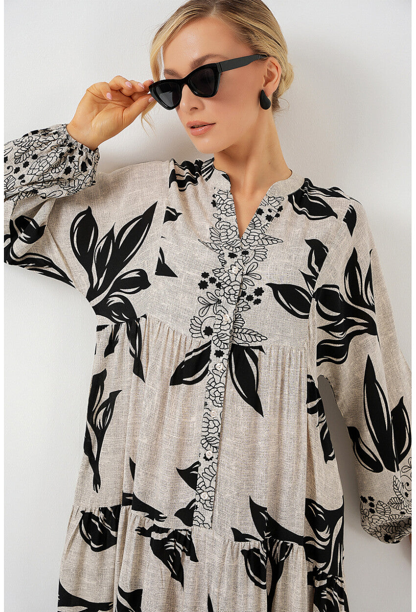 2423 Otantik Desenli Tesettür Elbise