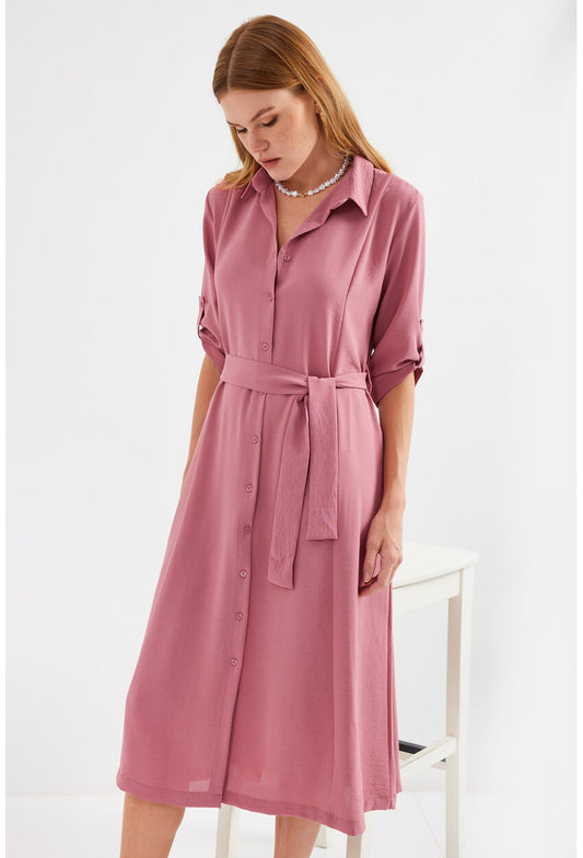 2442 Kuşaklı Gömlek Elbise