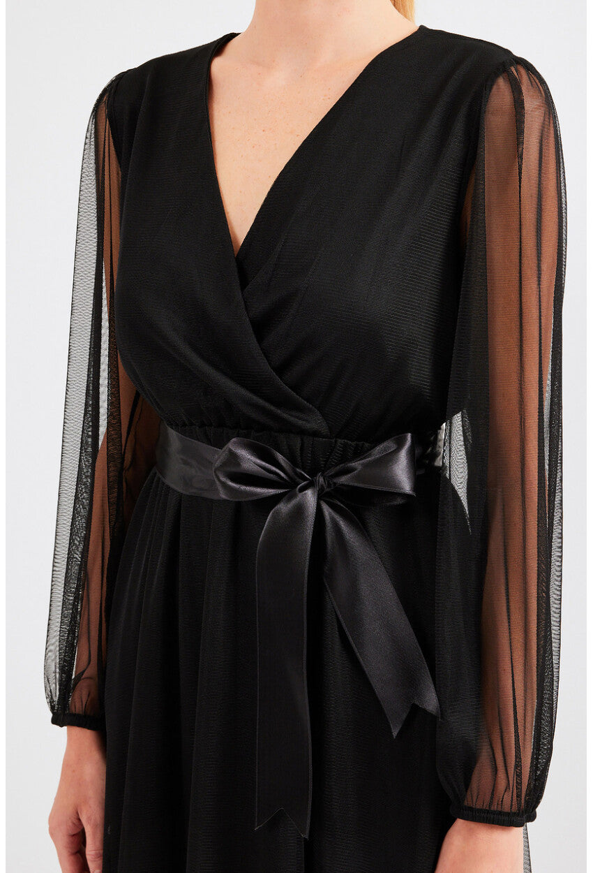 2494 Kruvaze Yaka Tül Elbise