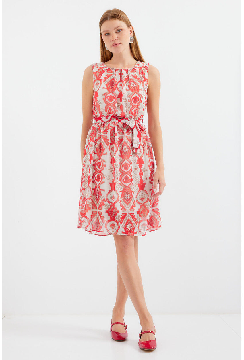 2501 Desenli Sıfır Kol Şifon Elbise