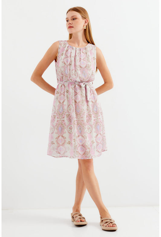 2501 Desenli Sıfır Kol Şifon Elbise