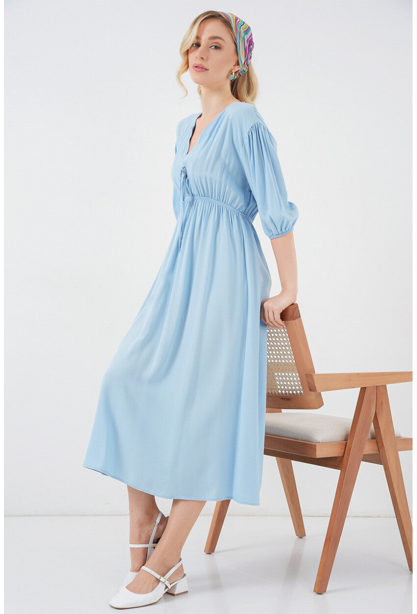 2570 Kadın Beli Büzgülü V Yaka Elbise