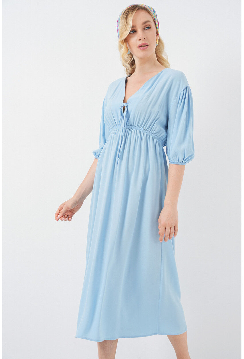 2570 Kadın Beli Büzgülü V Yaka Elbise