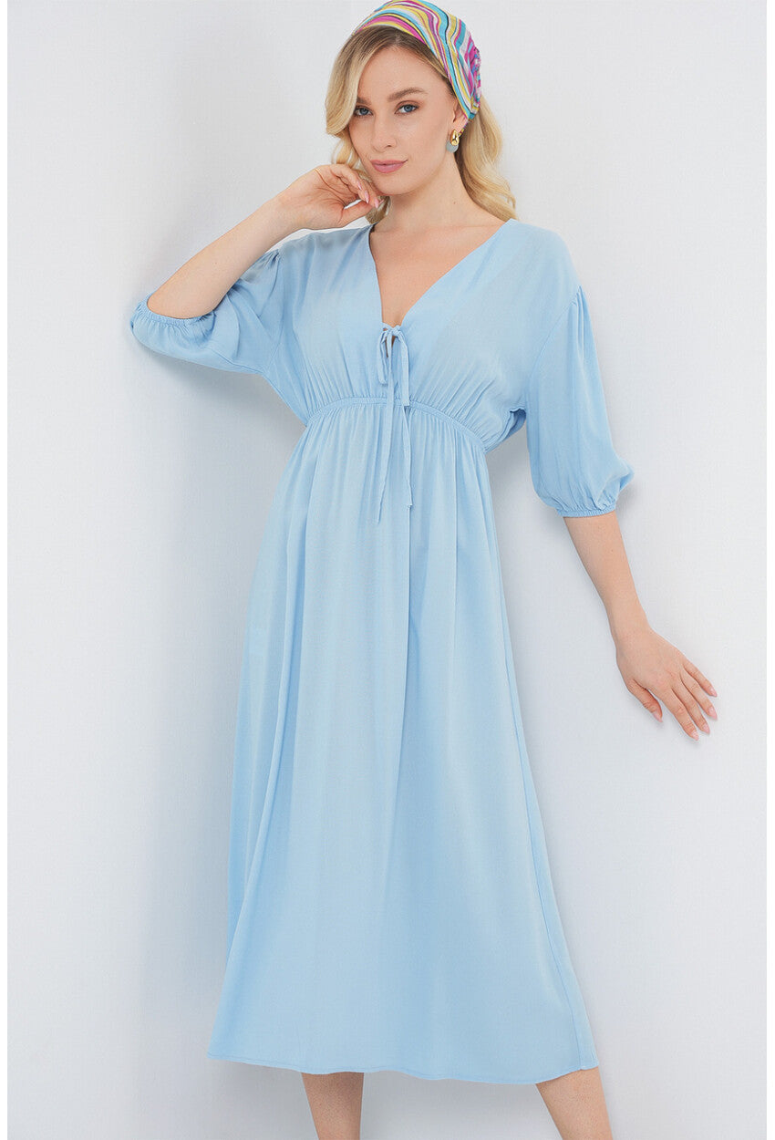 2570 Kadın Beli Büzgülü V Yaka Elbise