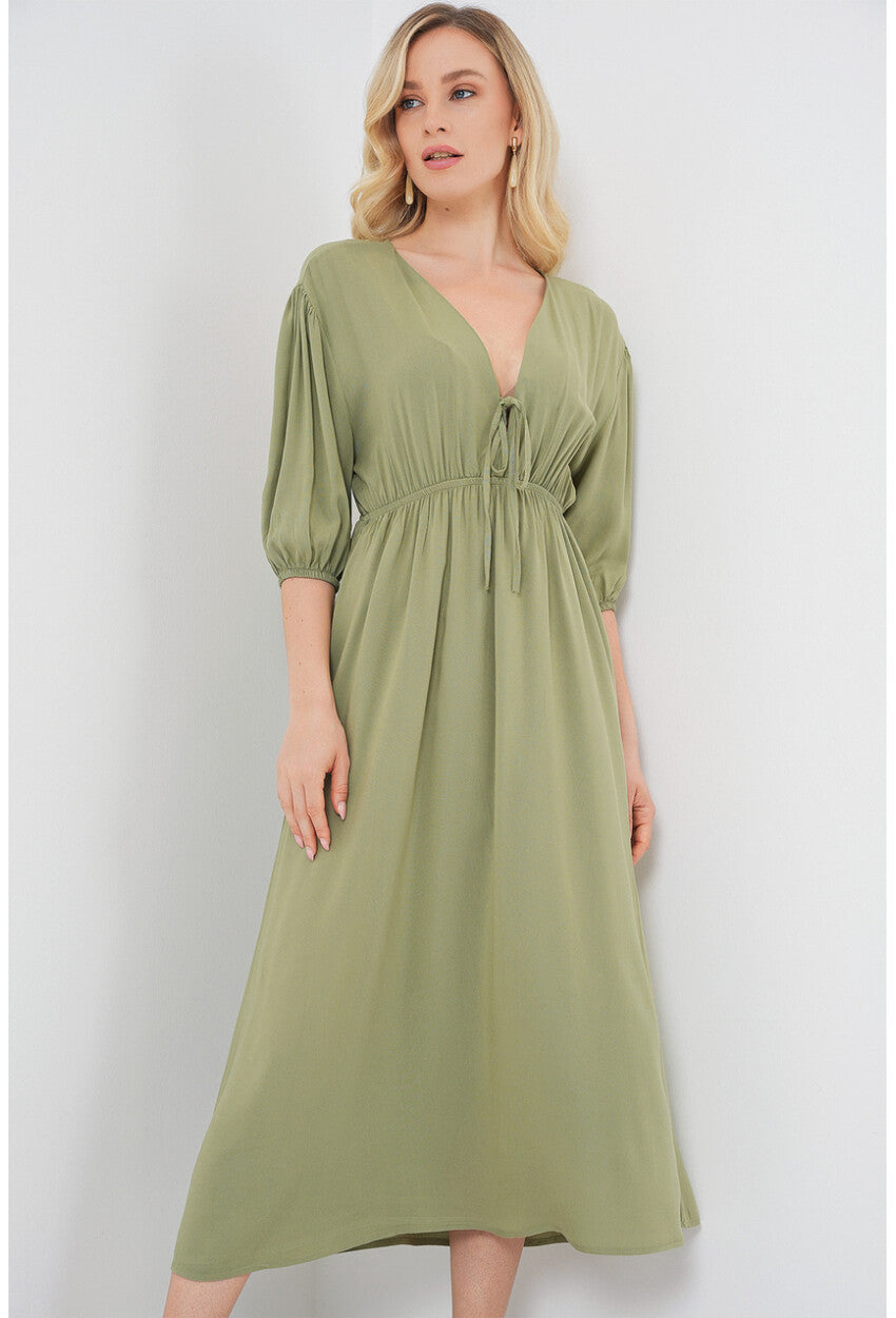 2570 Kadın Beli Büzgülü V Yaka Elbise