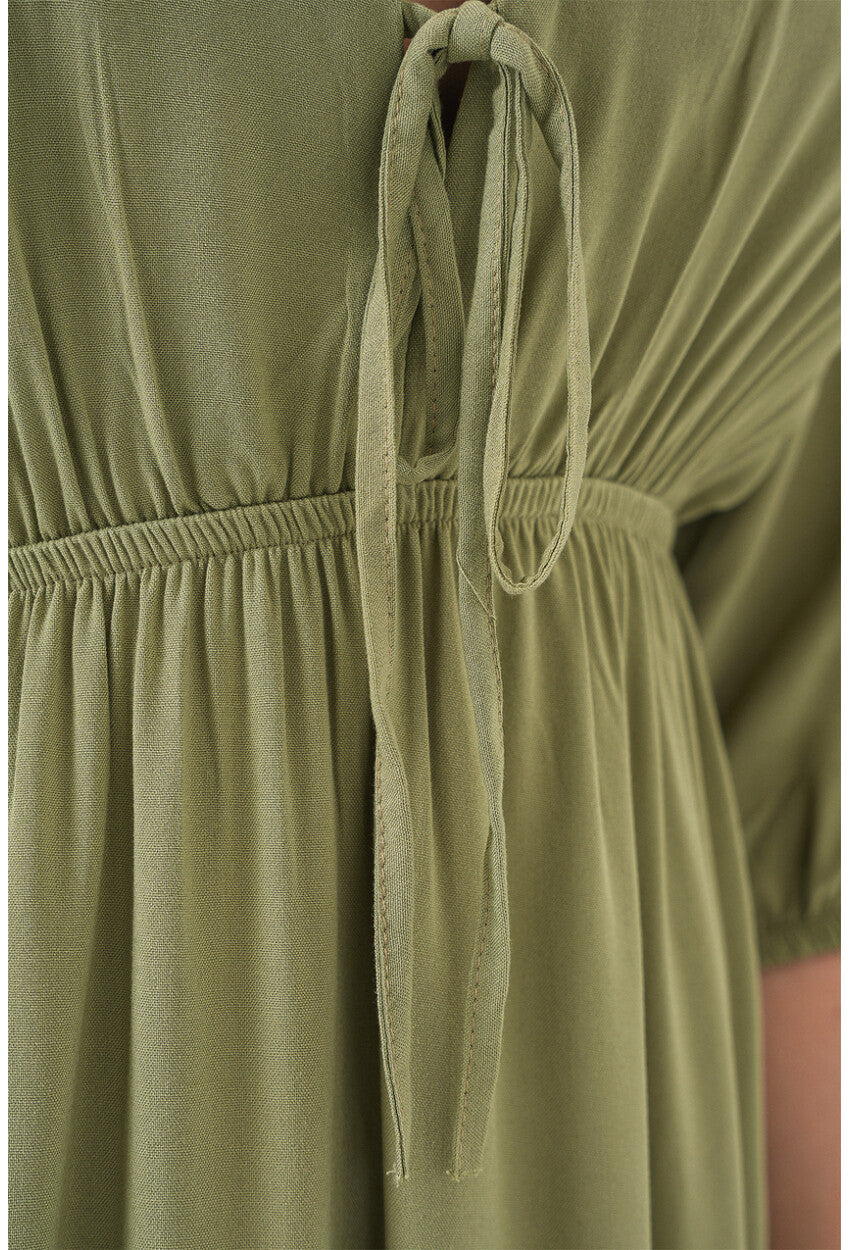 2570 Kadın Beli Büzgülü V Yaka Elbise