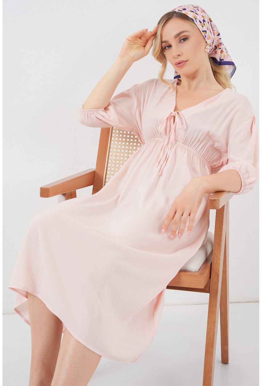 2570 Kadın Beli Büzgülü V Yaka Elbise