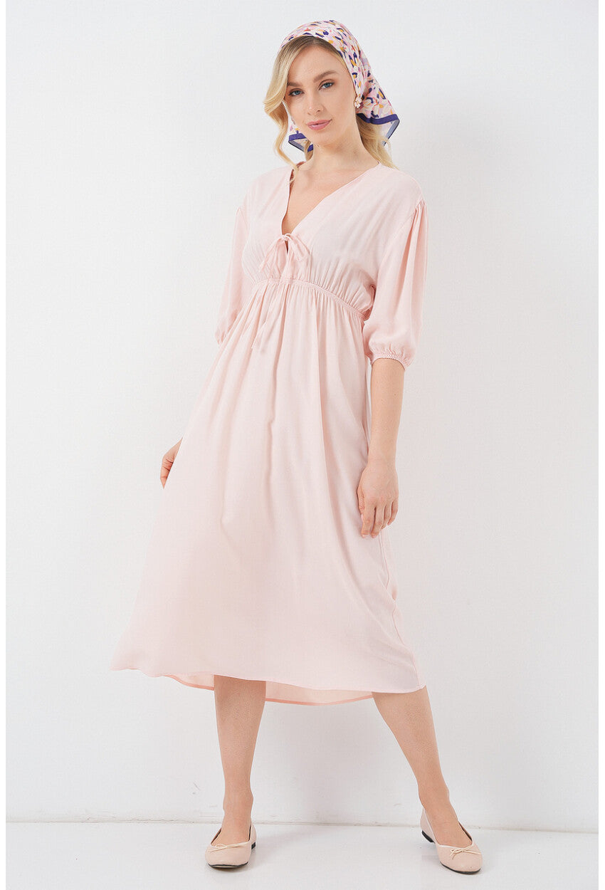 2570 Kadın Beli Büzgülü V Yaka Elbise