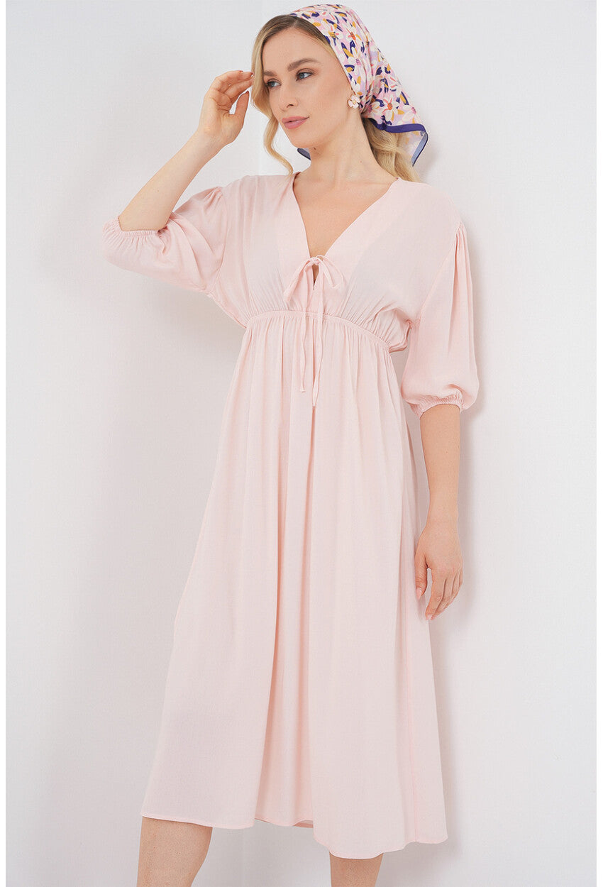 2570 Kadın Beli Büzgülü V Yaka Elbise