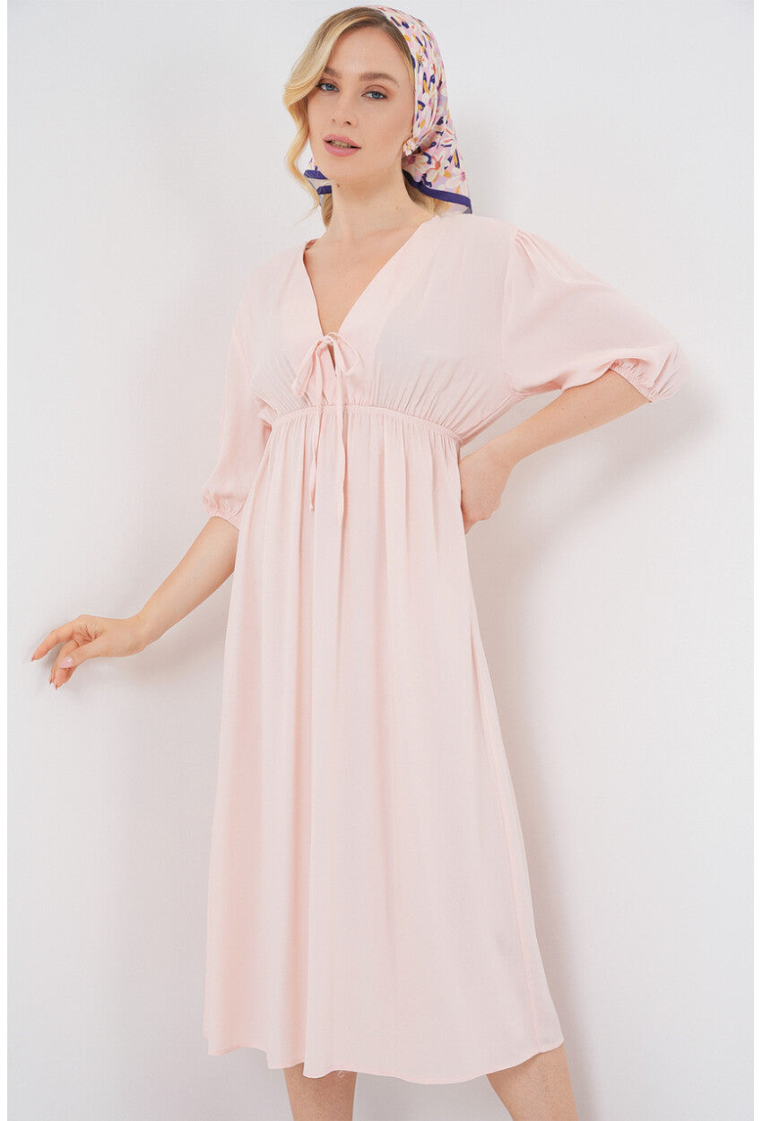 2570 Kadın Beli Büzgülü V Yaka Elbise