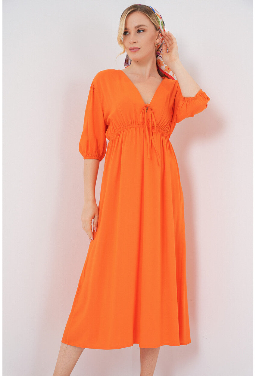 2570 Kadın Beli Büzgülü V Yaka Elbise