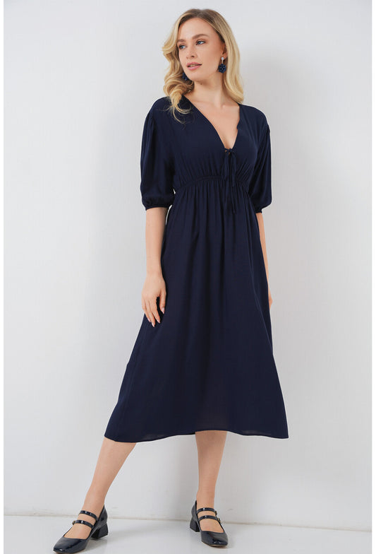 2570 Kadın Beli Büzgülü V Yaka Elbise