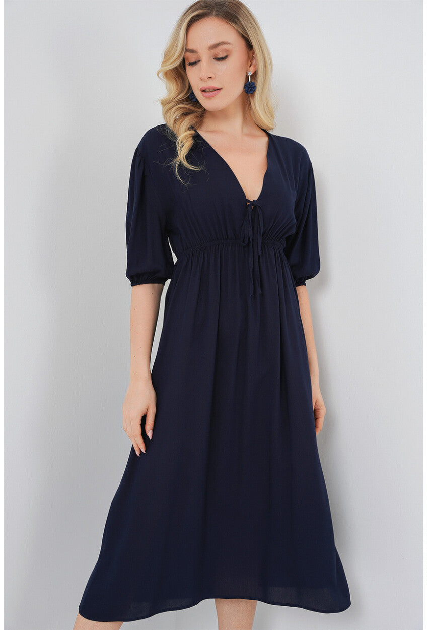 2570 Kadın Beli Büzgülü V Yaka Elbise
