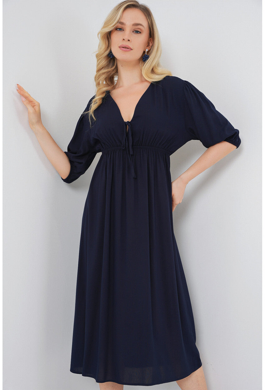 2570 Kadın Beli Büzgülü V Yaka Elbise